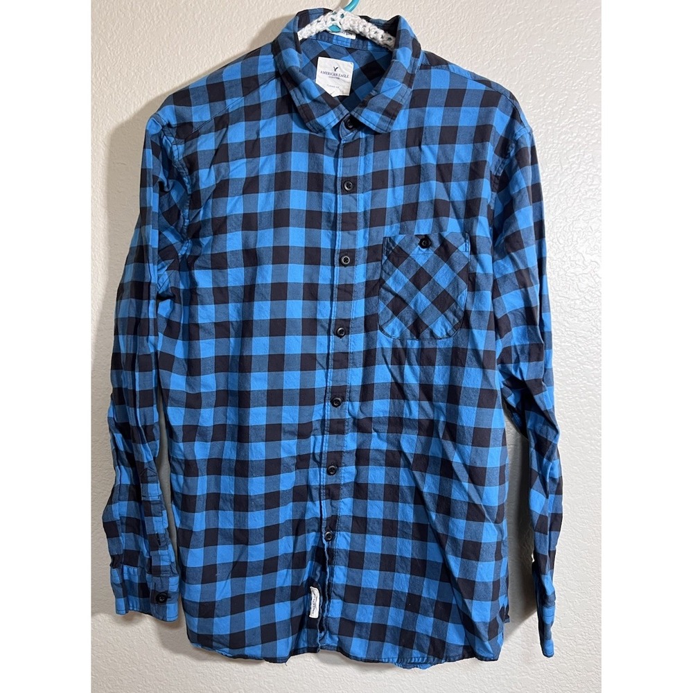 American Eagle Shirt Long Sleeve Seriously Soft Flannel Blue Button Up Size Xl